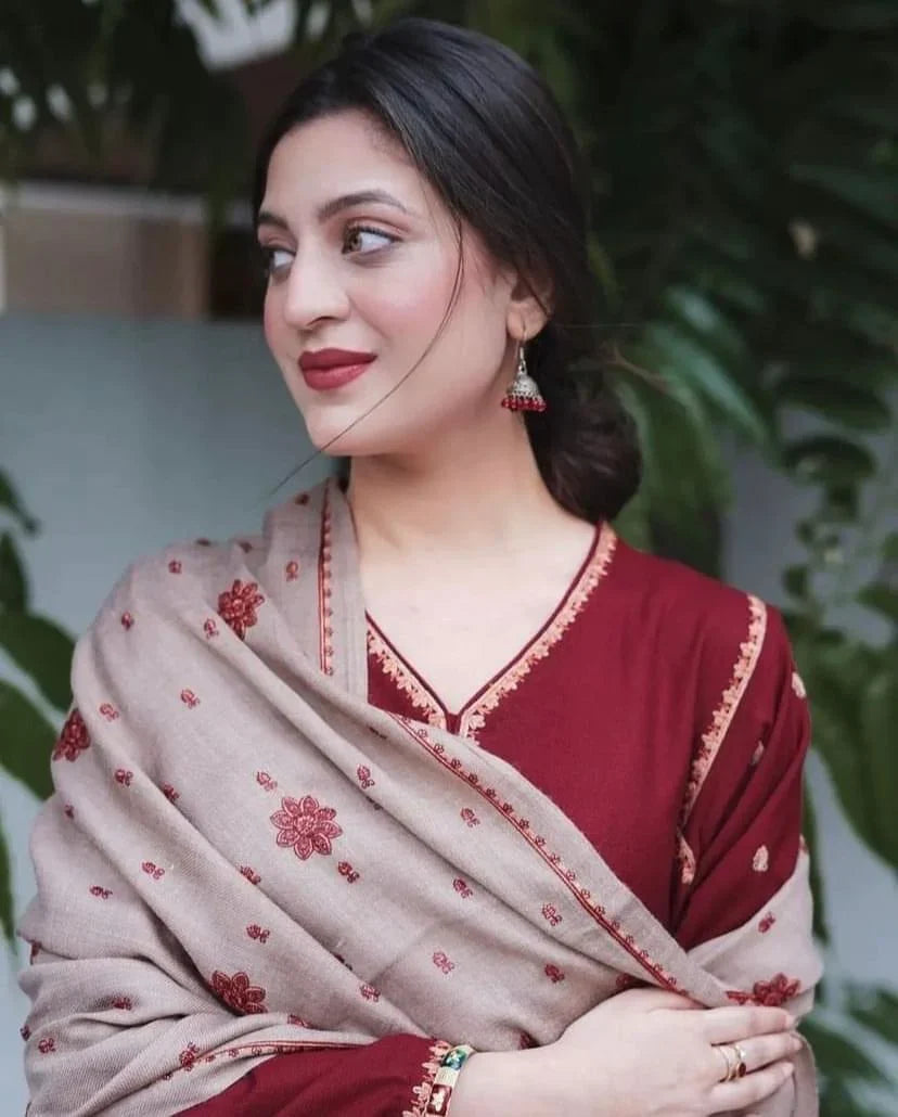 BR 1110-Winter 3 Piece Dhanak suit with Embroidered Shawl