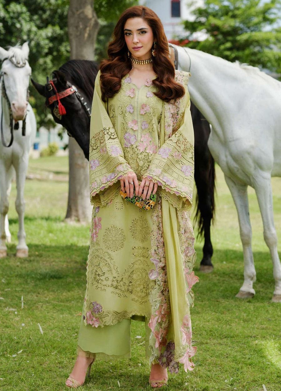 EL-2720 3Pc-Unstitched Fully Embroidered Lawn Fabric With Embroidered Cotton Net Dupatta