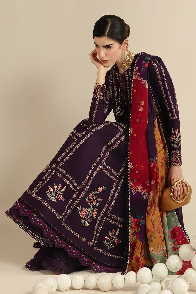 Dhanak Fabric - 3 Piece Unstitched Embroidered Dress With Printed Shawl ZH-3065