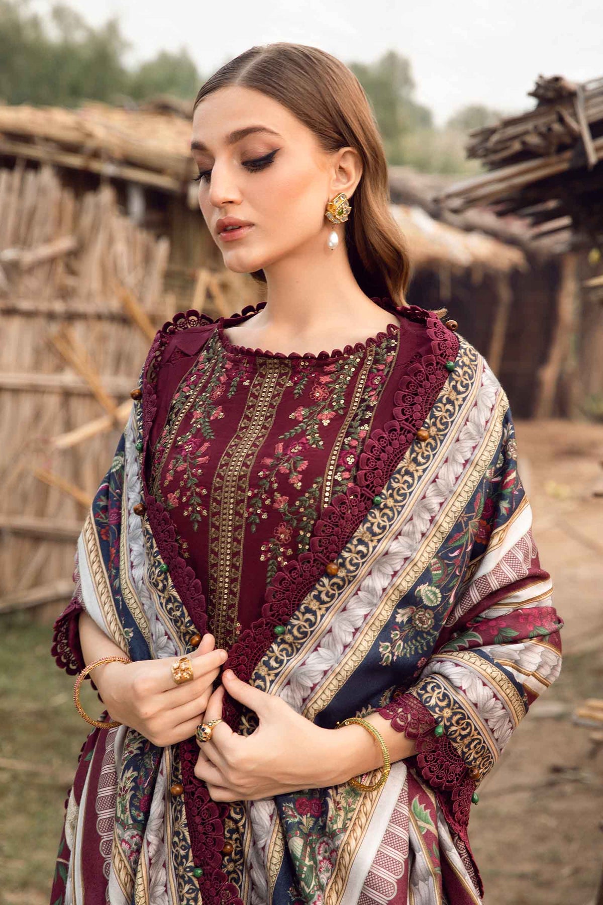 MB 515 - 3 Pcs Unstitched Heavy Embroidered Dhanak Suit with Premium Quality Wool Shawl