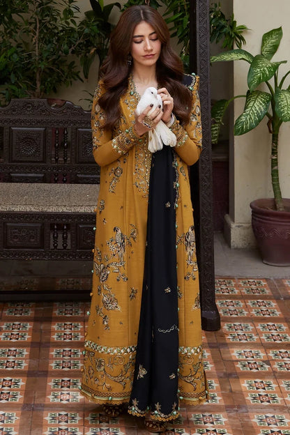 Dhanak Fabric - 3 Piece Unstitched Embroidered Dress With Printed Shawl ZH-3060