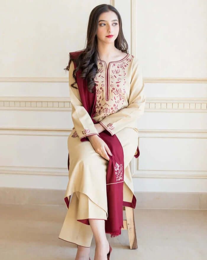 AS 25-3 Piece Unstitched Heavy Embroidered Dhanak Suit ( Full Embroidered Dhanak Shawl )