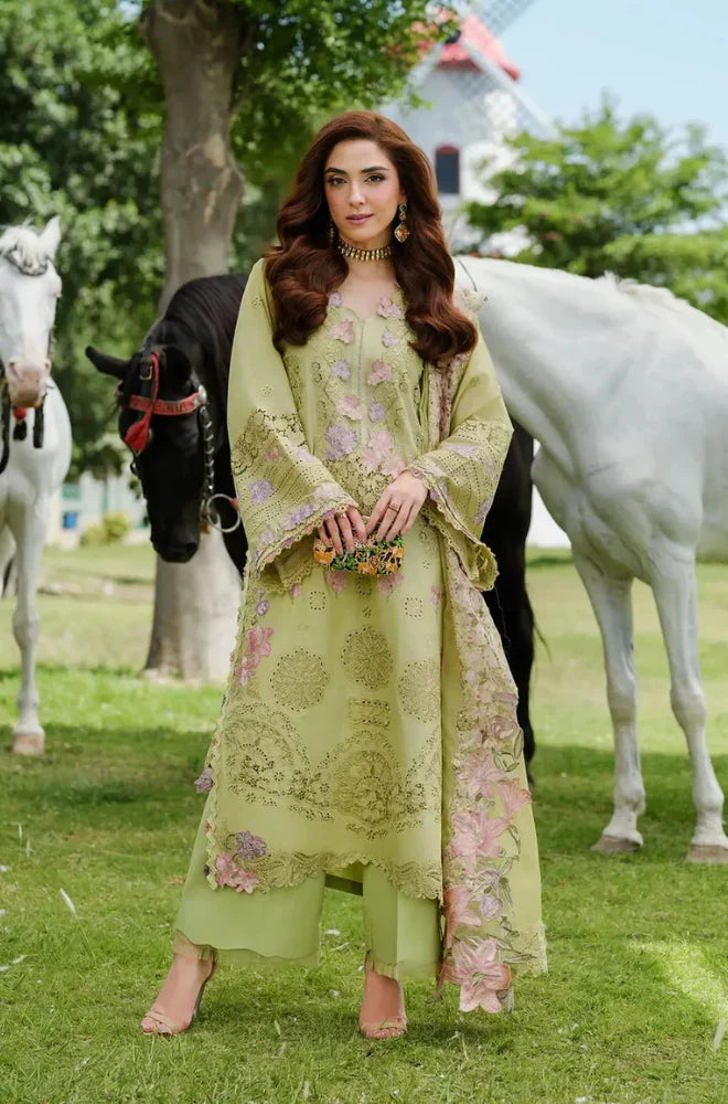 EL-2720  3Pc-Unstitched Fully Embroidered Lawn Fabric With Embroidered Cotton Net Dupatta