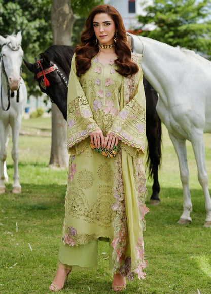 EL-2720  3Pc-Unstitched Fully Embroidered Lawn Fabric With Embroidered Cotton Net Dupatta