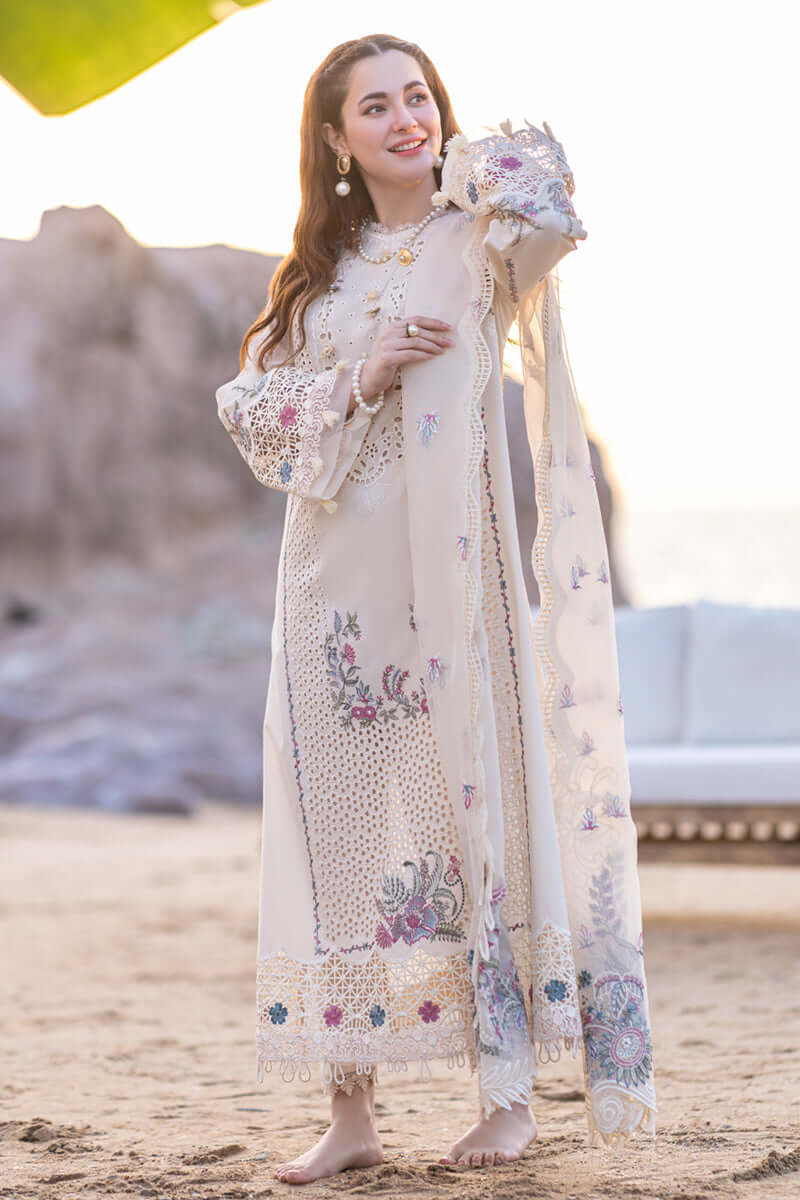 QL 2605-3 Piece Unstitched Heavy Embroidered Chickan Kari Lawn Suit ( Four-Sided Embroidered Organza Dupatta )