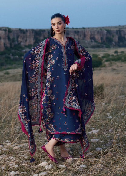 HR 3005-3 Piece Unstitched Heavy Embroidered Dhanak Suit With Embroidered Chiffon Dupatta